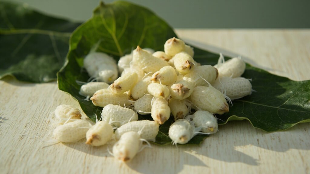 Vers à soie et cocons ivoire sur feuilles de mûrier.