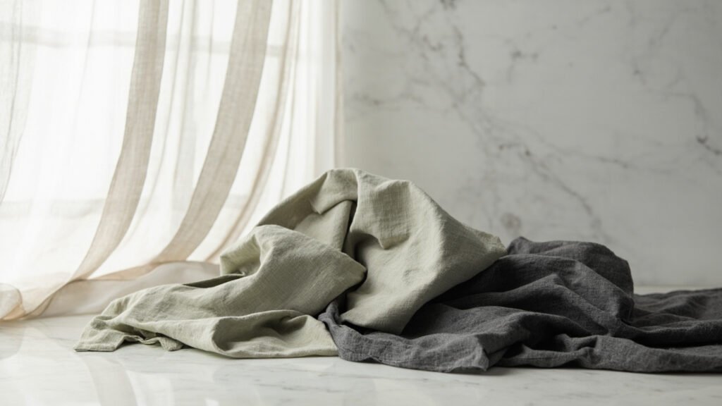 Voile de lin, serviette pliée et nappe lourde, du léger au dense.