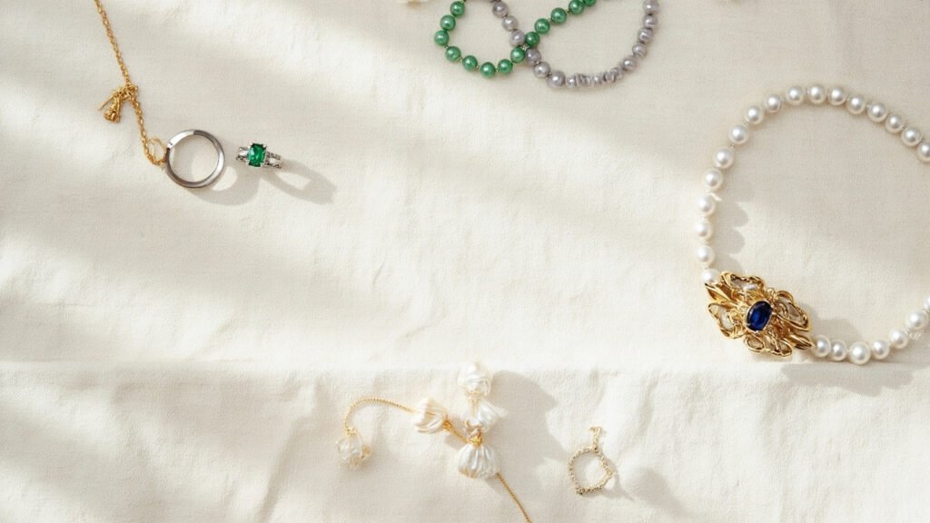 Vue aérienne sur lin brut : alliance, bague émeraude, perles, or, saphir.