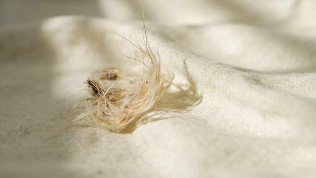 Vue macro d'une trame de coton rugueuse retenant des cheveux abîmés et fourchus.