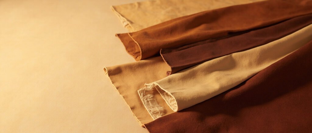 Vue panoramique de cuirs pliés, tons cognac, bordeaux, tabac, textures luxueuses.