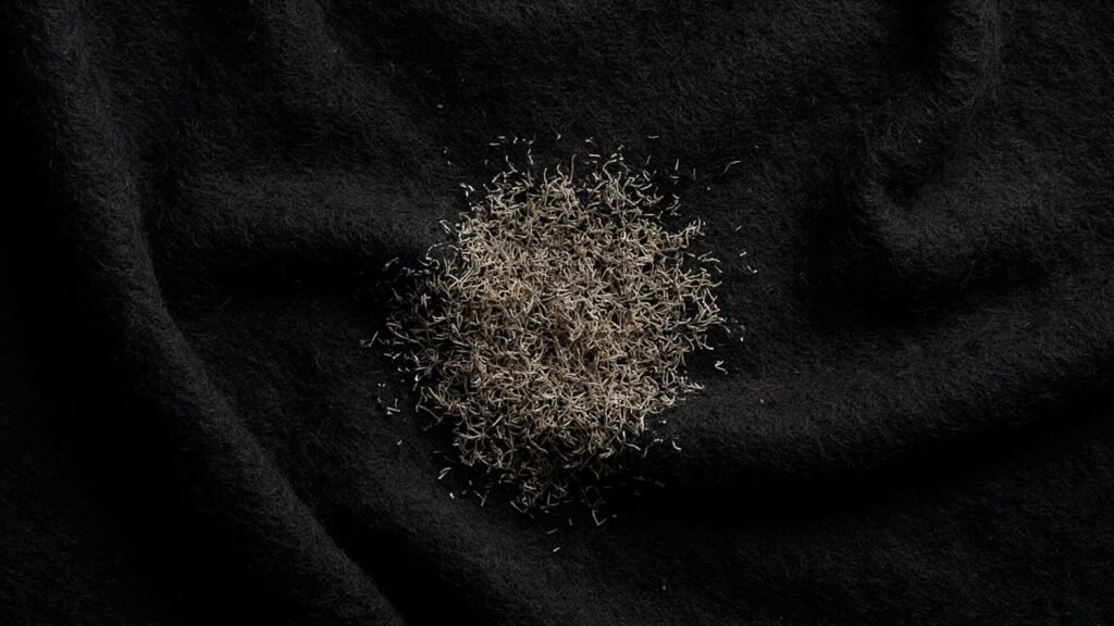 Vue rapprochée de bouloches de cachemire sur tricot foncé