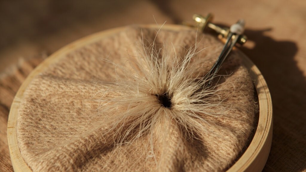 Vue rapprochée d'un cachemire camel troué aux fibres effilochées.