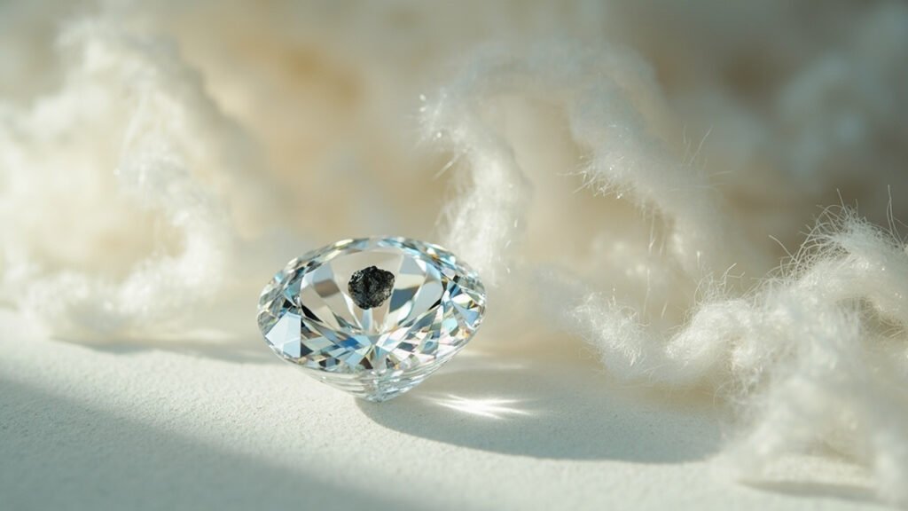 Vue rapprochée d'un diamant avec inclusion visible.