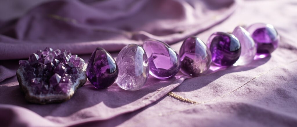 Améthystes brutes et polies sur velours prune, accents dorés.