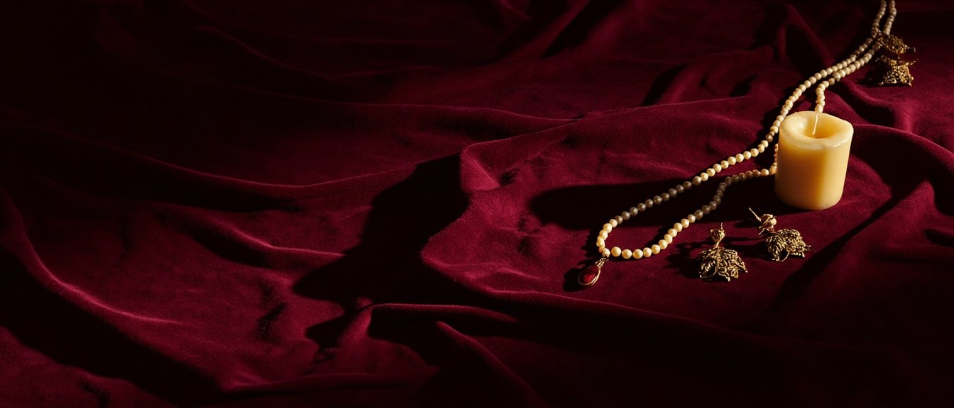 Bijoux anciens en or, perles crème et rubis sur velours bordeaux chaleureux.