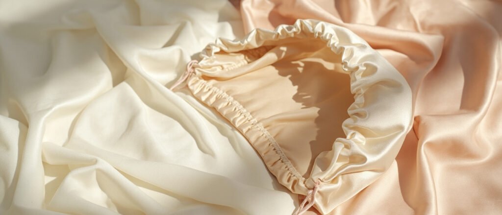 Bonnet en satin champagne aux plis brillants sur surface mate.