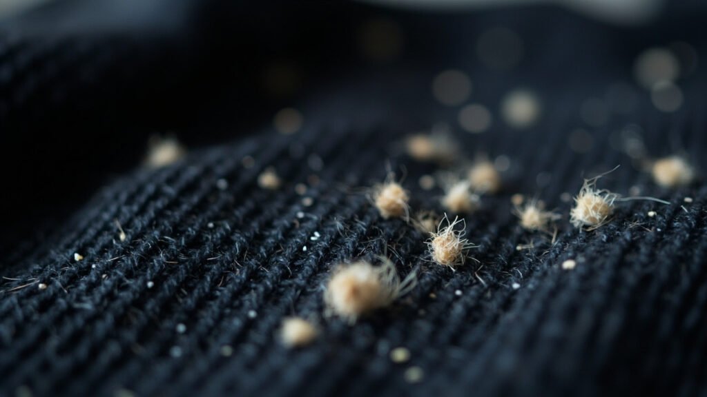 Boulochage sur cachemire, fibres emmêlées en surface.