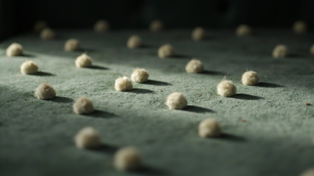 Bouloches formées à la surface d'un velours usé