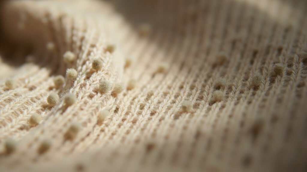 Bouloches naissantes et reflets brillants sur tricot grade B