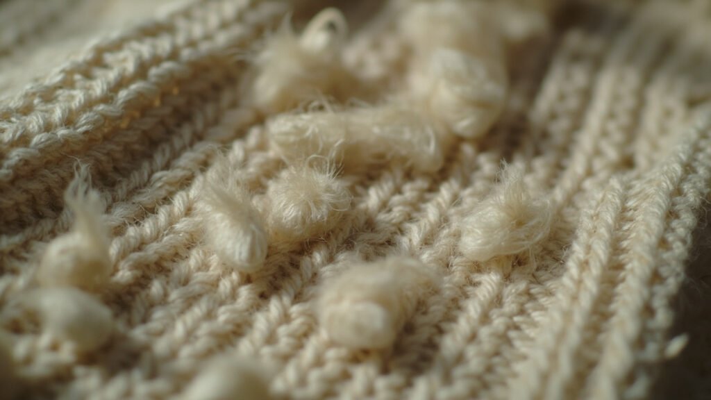Bouloches serrées sur un tricot cachemire usé