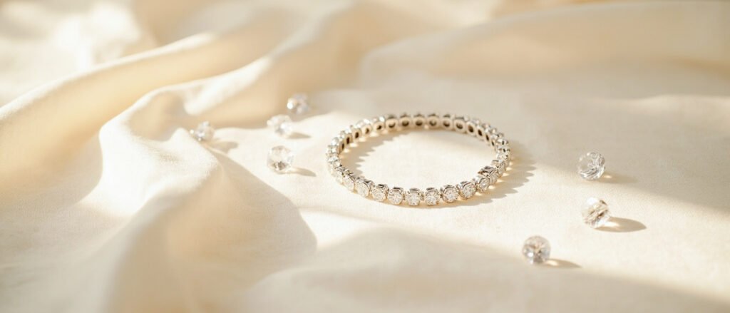 Bracelet tennis en diamants sur or blanc, posé sur soie crème.