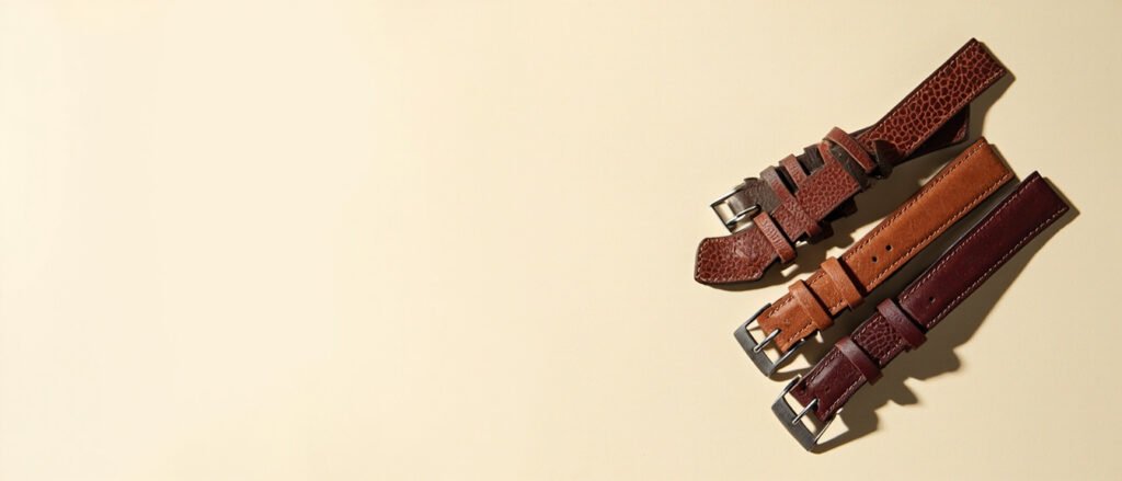 Bracelets de montre en cuir disposés sur fond crème, gauche épuré.