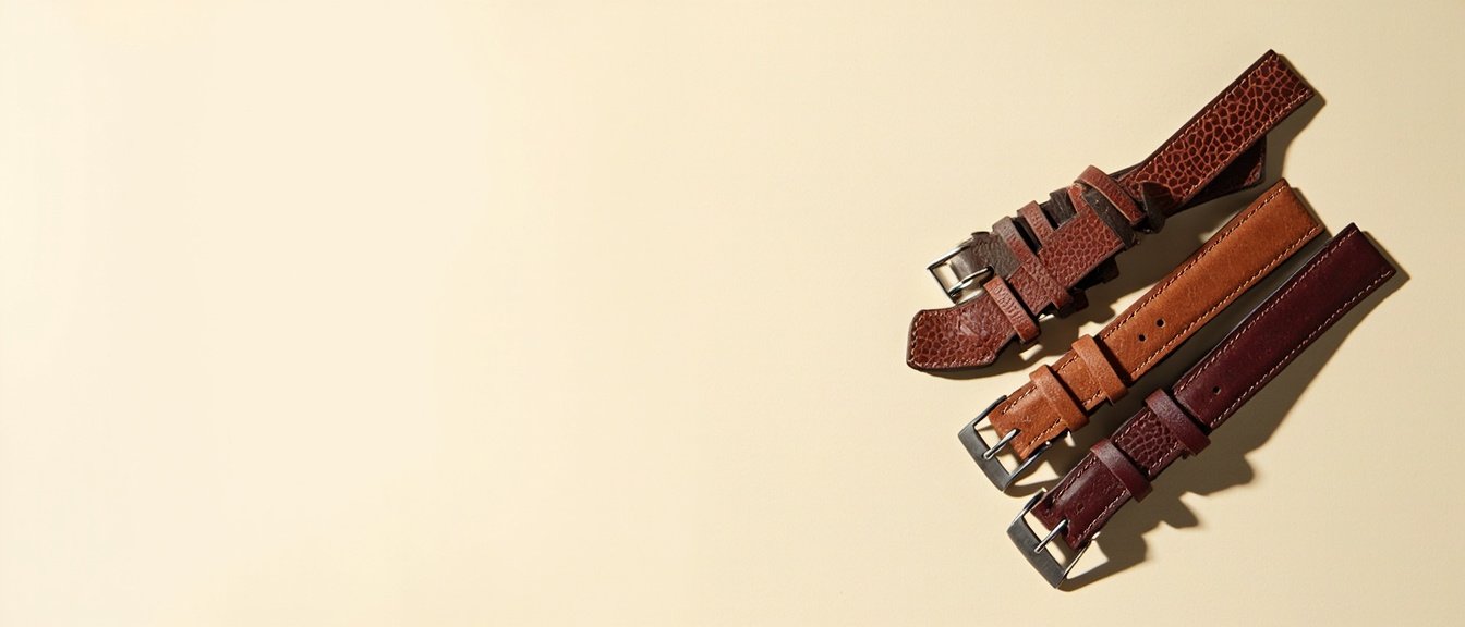 Bracelets de montre en cuir disposés sur fond crème, gauche épuré.