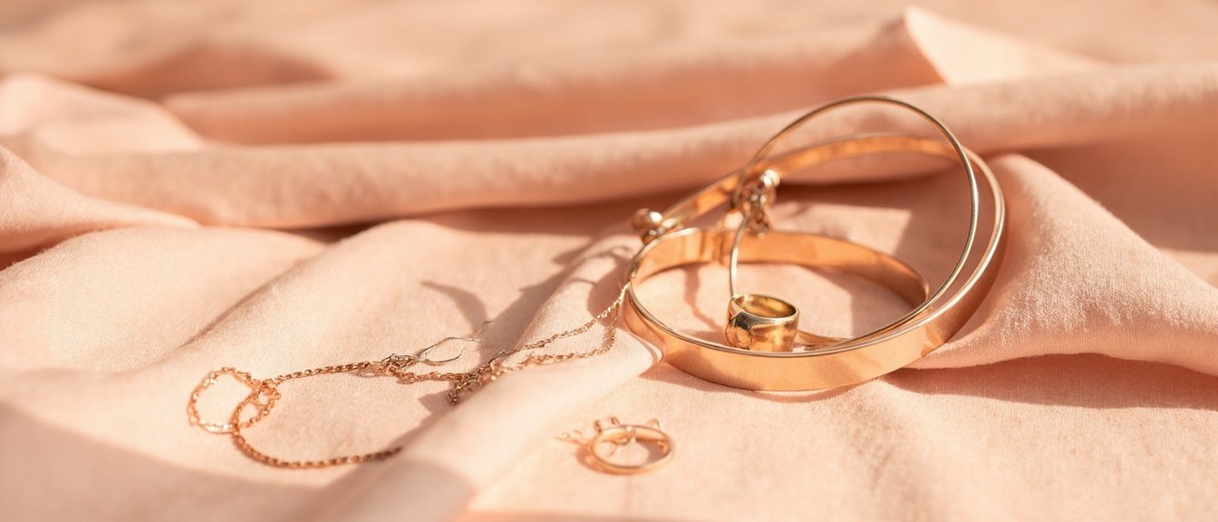 Bracelets et bagues en or rose poli sur soie rose pâle, lumière chaude.