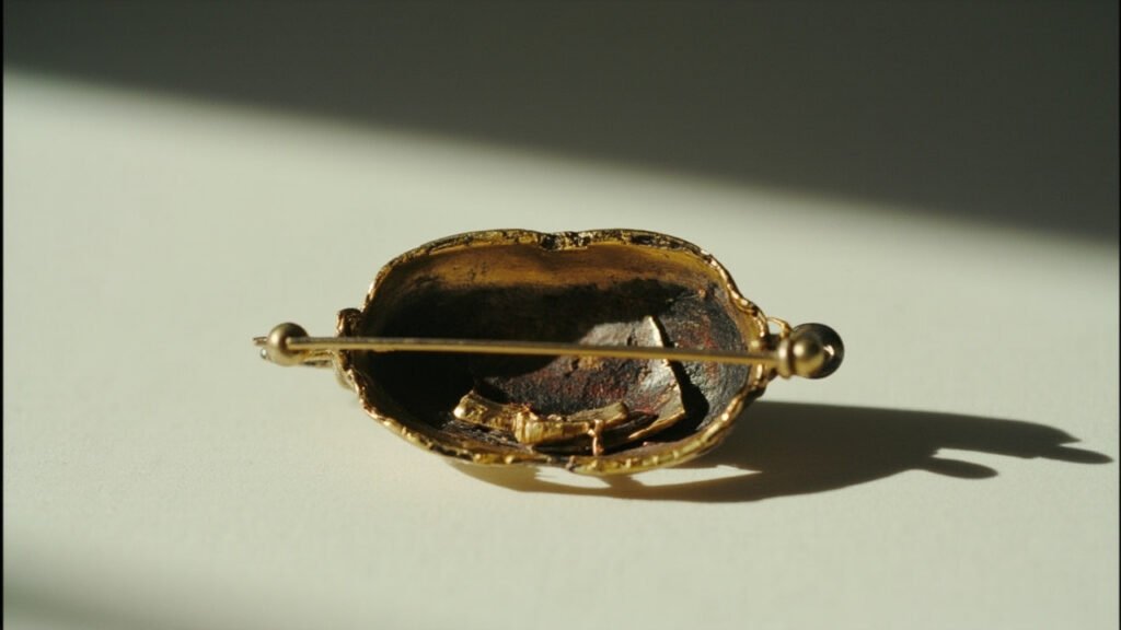 Broche ancienne montrant déformation, sertissage vide et oxydation.