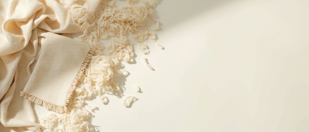 Cachemire écru drapé, fibres brutes crème, maille et trame, surface travertin.