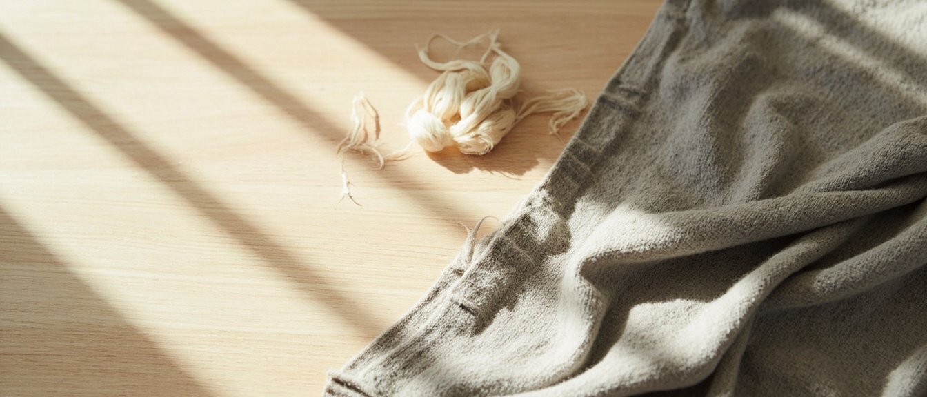 Cachemire gris chiné bouloché drapé, fibres crème éparpillées.