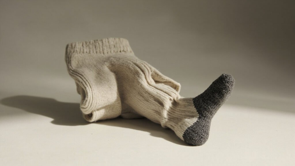 Chaussette retournée montrant talon et pointe renforcés