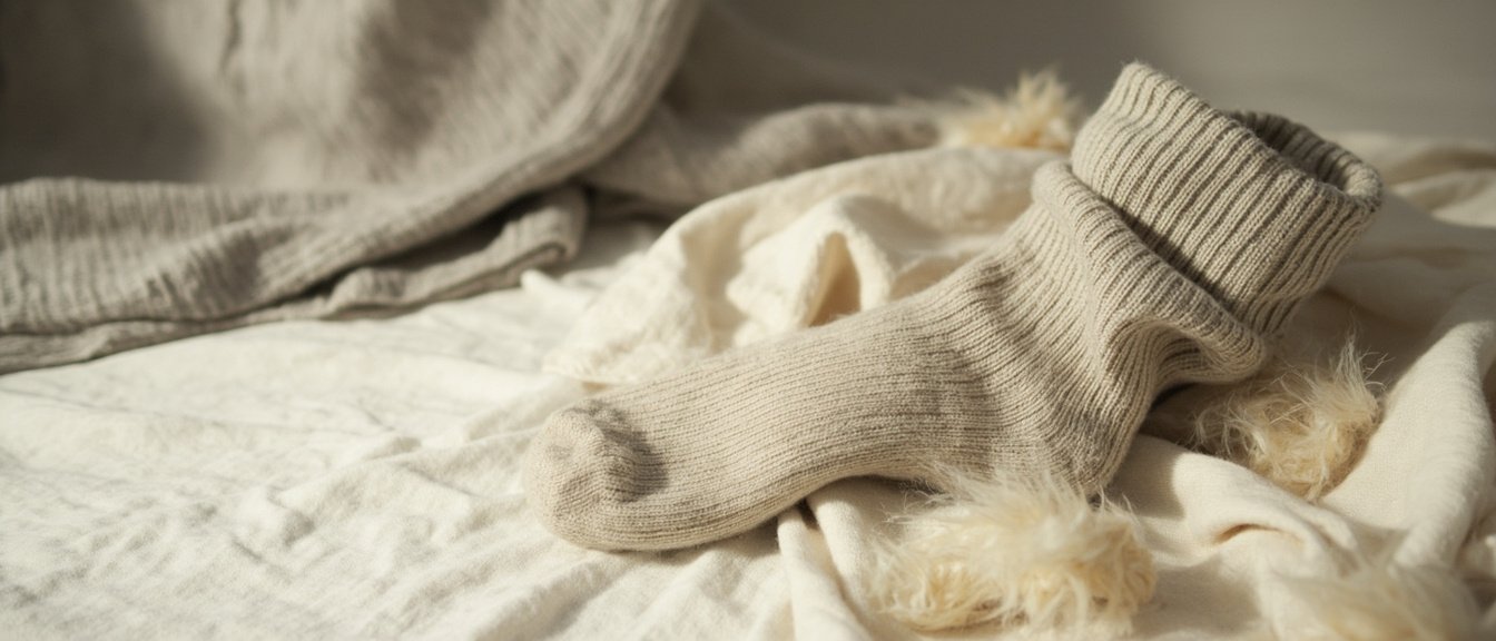 Chaussettes en cachemire pliées sur tissu crème avec fibres brutes.