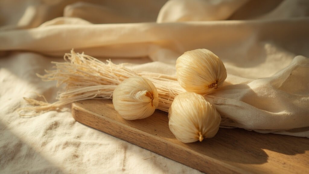 Cocons de soie dorés, brins bruts et étoffe de soie mûrier lustrée.