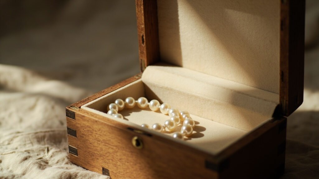 Coffret à velours crème contenant un rang de perles Akoya.