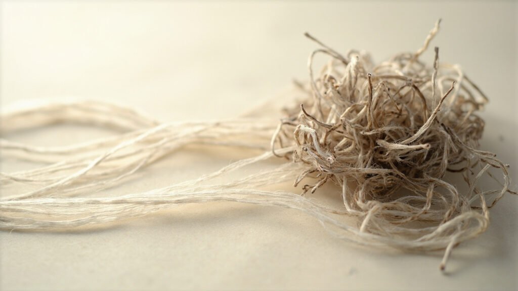 Comparaison macro de fibres de soie vierges longues et recyclées courtes