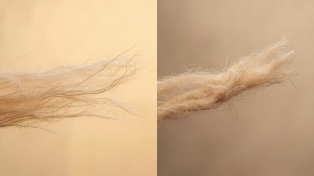 Comparaison macrophotographique de fibres de cachemire fines et irrégulières.
