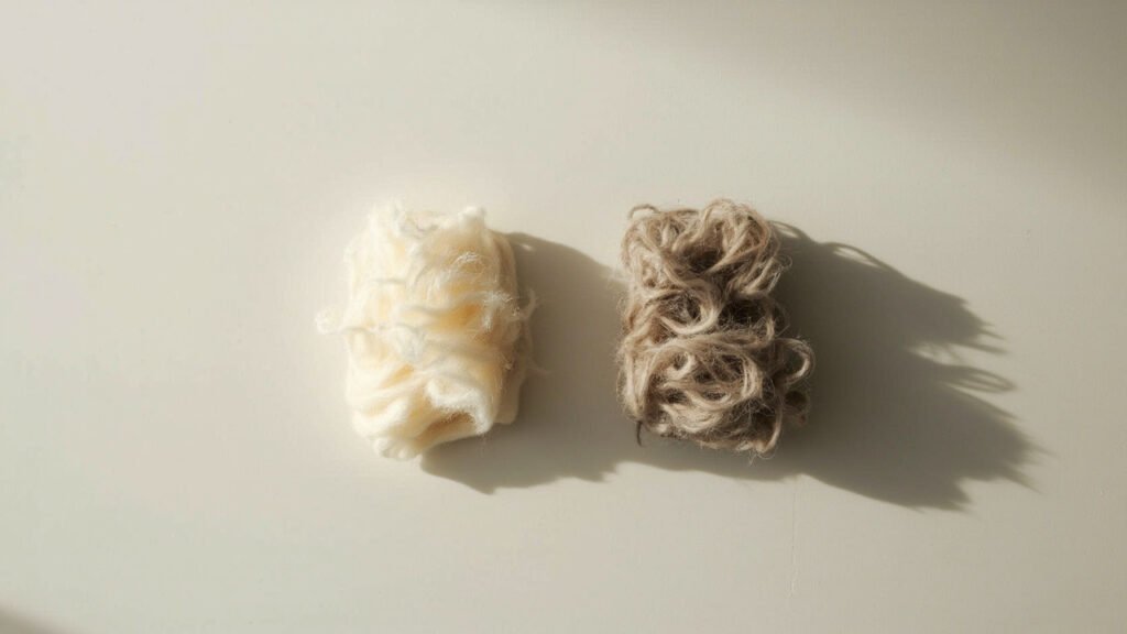 Comparaison visuelle de fibres de cachemire vierge et recyclé