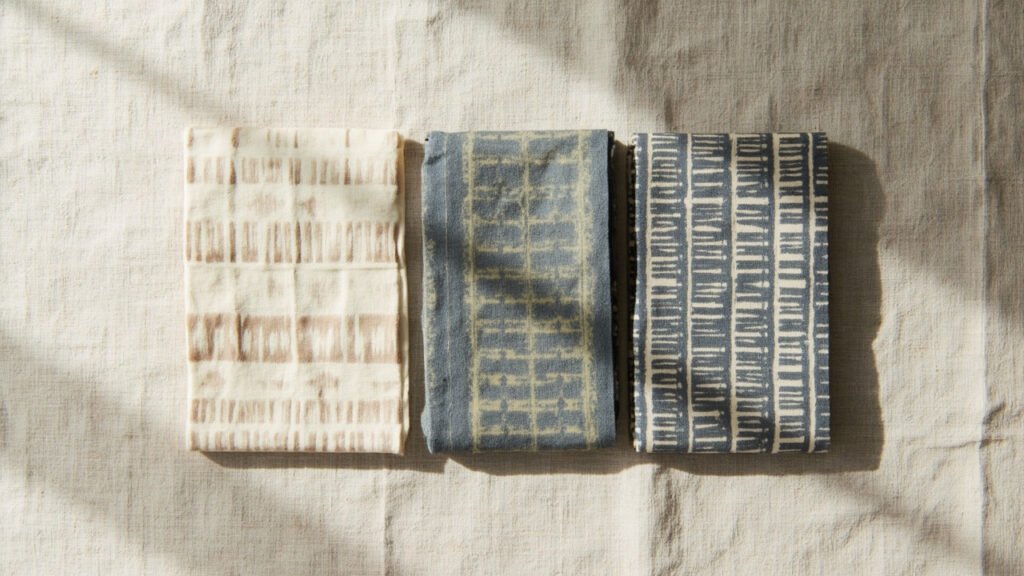 Comparaison visuelle de trois ikats : chaîne, trame et double.