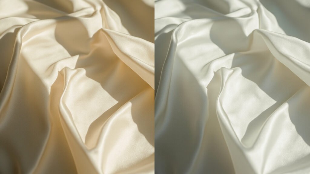 Comparaison visuelle satin de soie et satin polyester