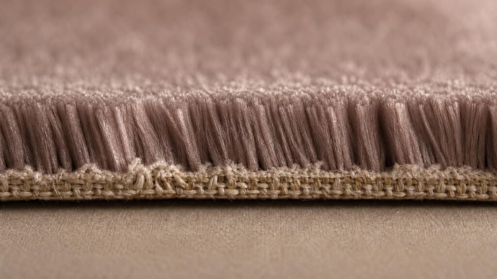 Coupe macro révélant le fond tissé et le poil dressé du velours.