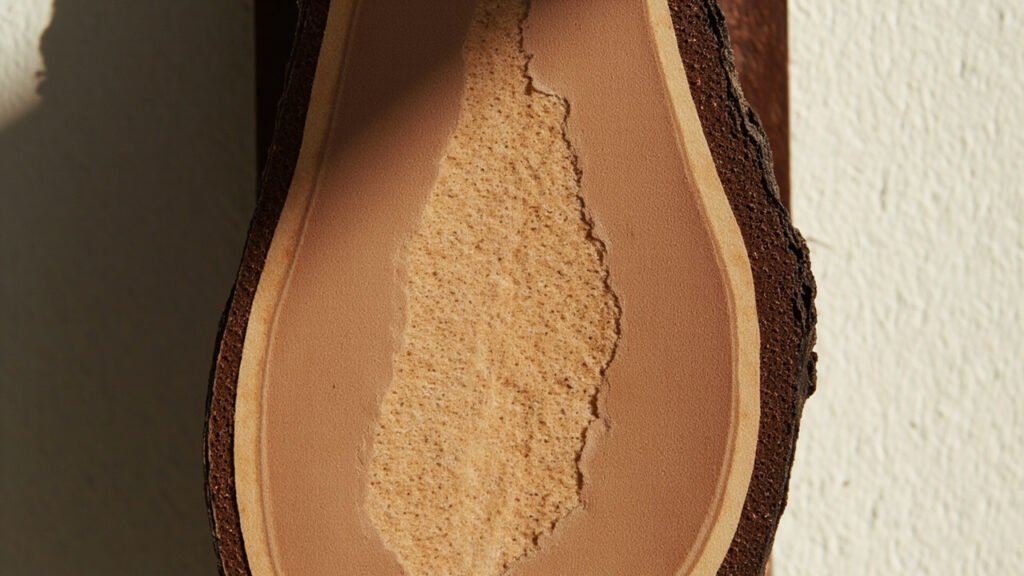 Coupe transversale d'un cuir semi-aniline révélant sa structure stratifiée