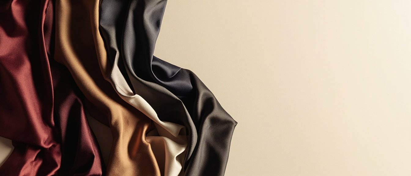 Cravates en satin vintage plissées, lueur douce, tons bordeaux et marine.