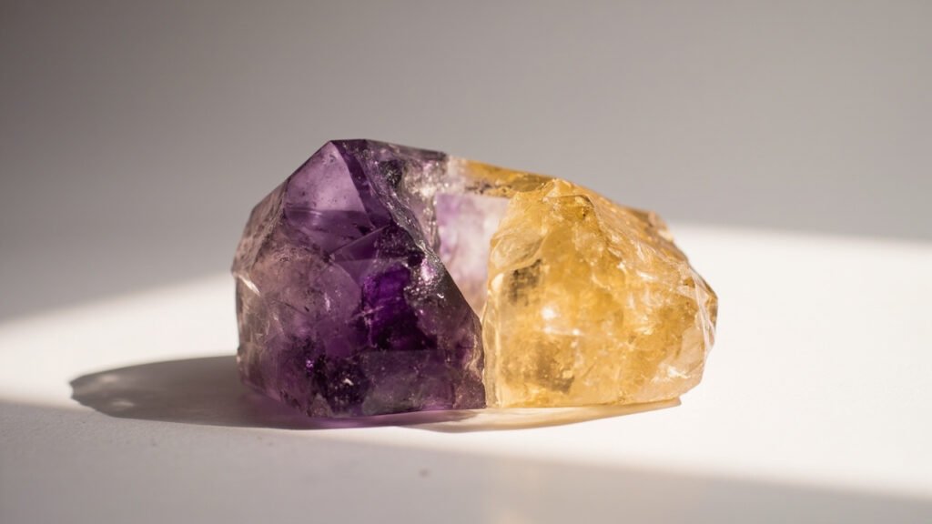 Cristal d'améthyste : moitié violette naturelle, moitié jaune traité