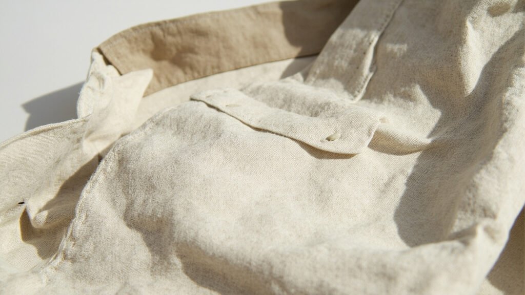 Détail des finitions intérieures d'un pantalon en lin