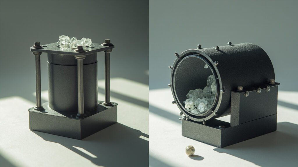 Deux appareils de synthèse diamant, presse HPHT cubique et réacteur CVD cylindrique