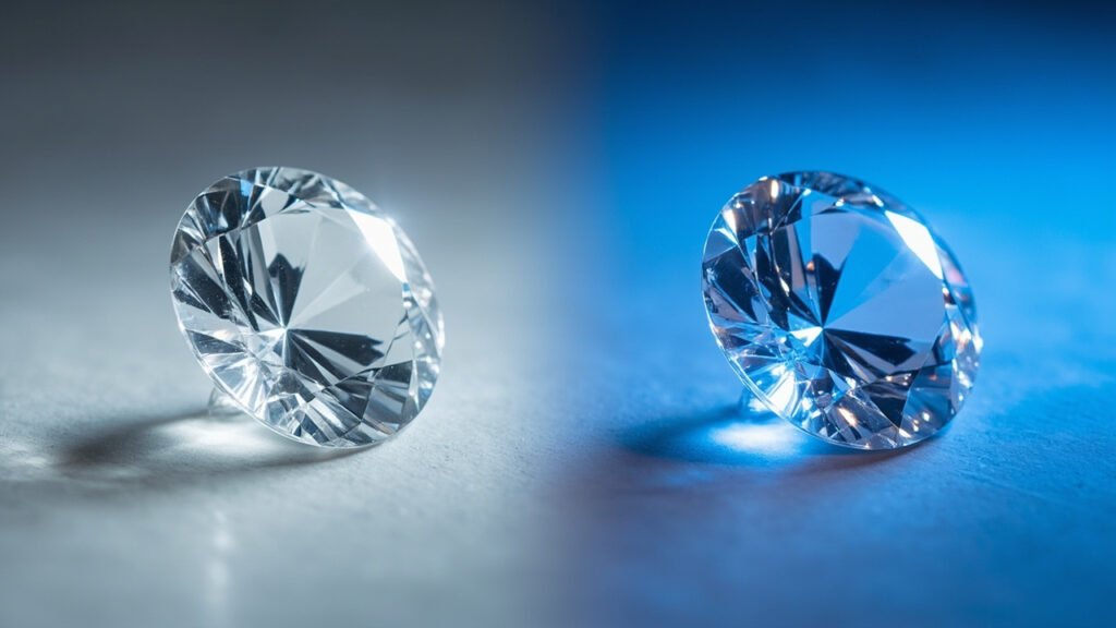 Diamant identique sous lumière normale et sous UV révélant une fluorescence bleue.