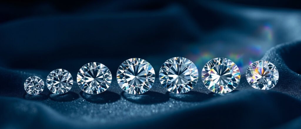 Diamants taille brillant alignés sur soie bleu nuit, éclats prismatiques.