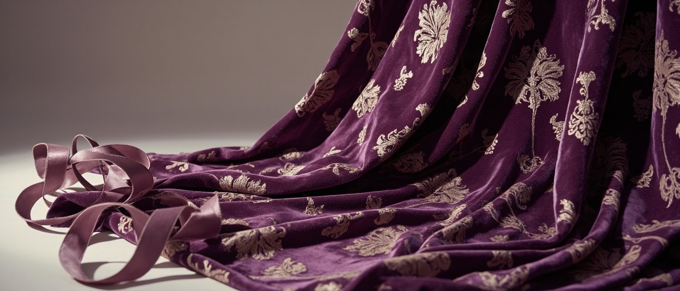 Drapé de velours de soie imprimé bordeaux et or, avec ruban assorti.