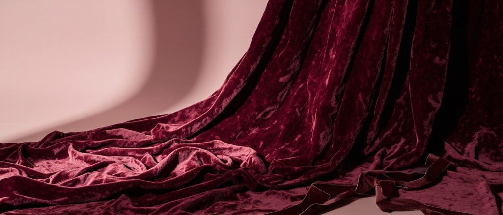Drapé de velours écrasé bourgogne aux plis sculpturaux, lumière rasante.