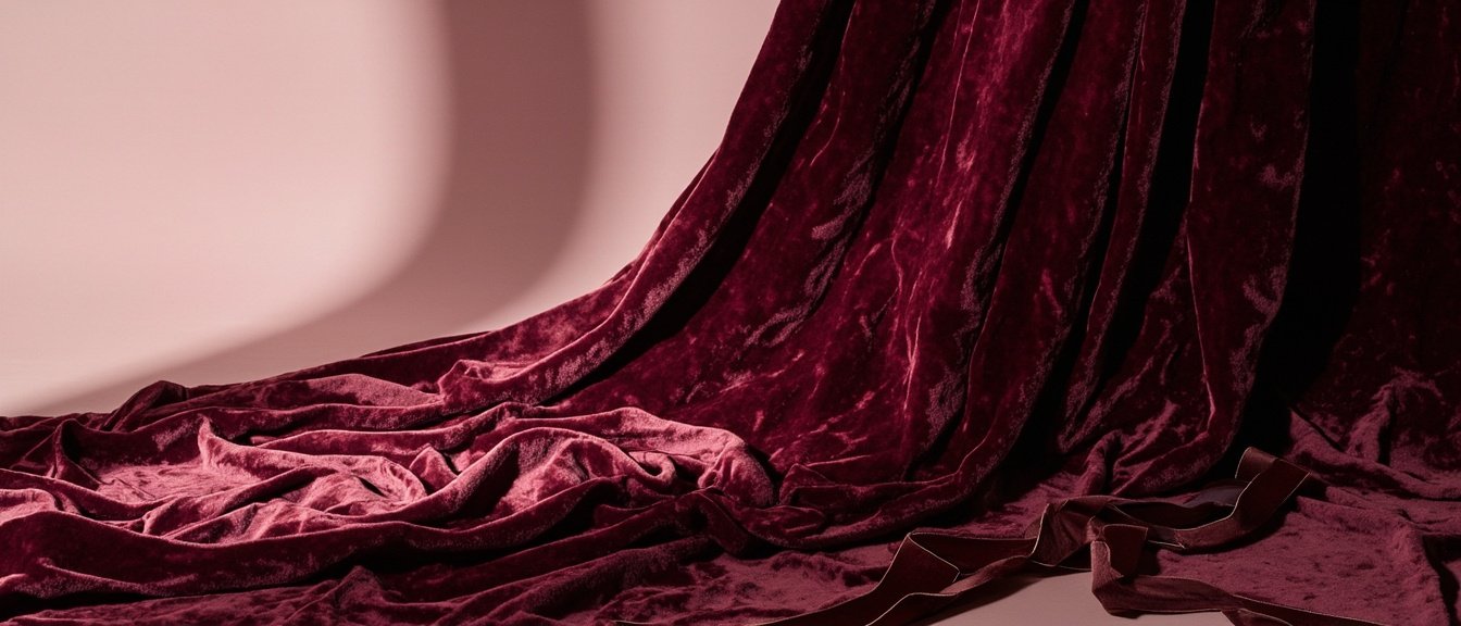 Drapé de velours écrasé bourgogne aux plis sculpturaux, lumière rasante.