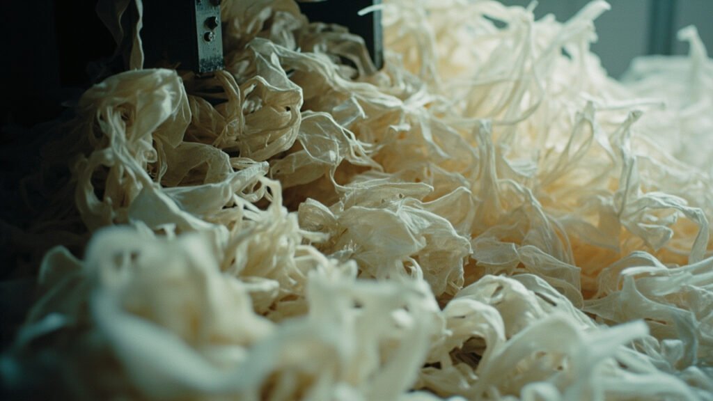 Effilochage de vieux satins en fibres.