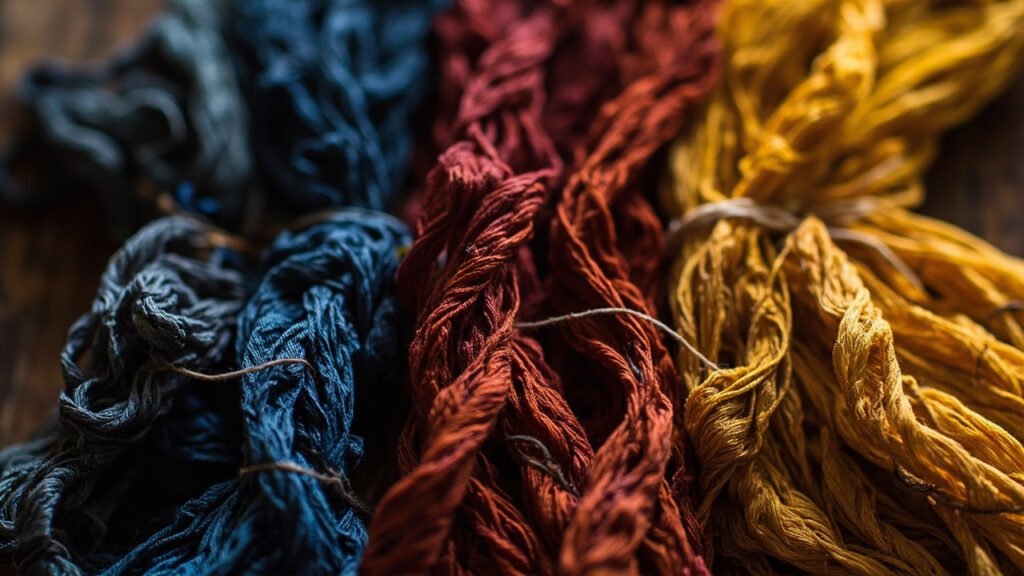 Faisceaux de fils de soie teints indigo, garance et curcuma sur noyer.