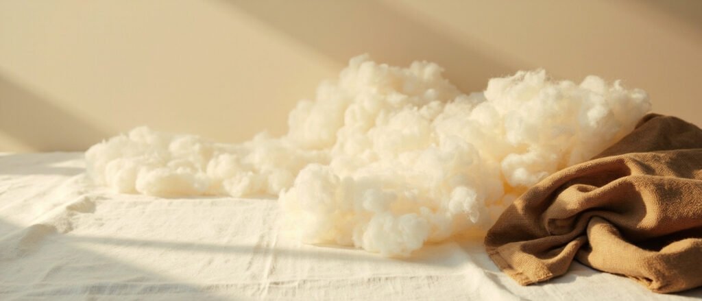 Fibres brutes de cachemire écru et étoffe tissée caramel