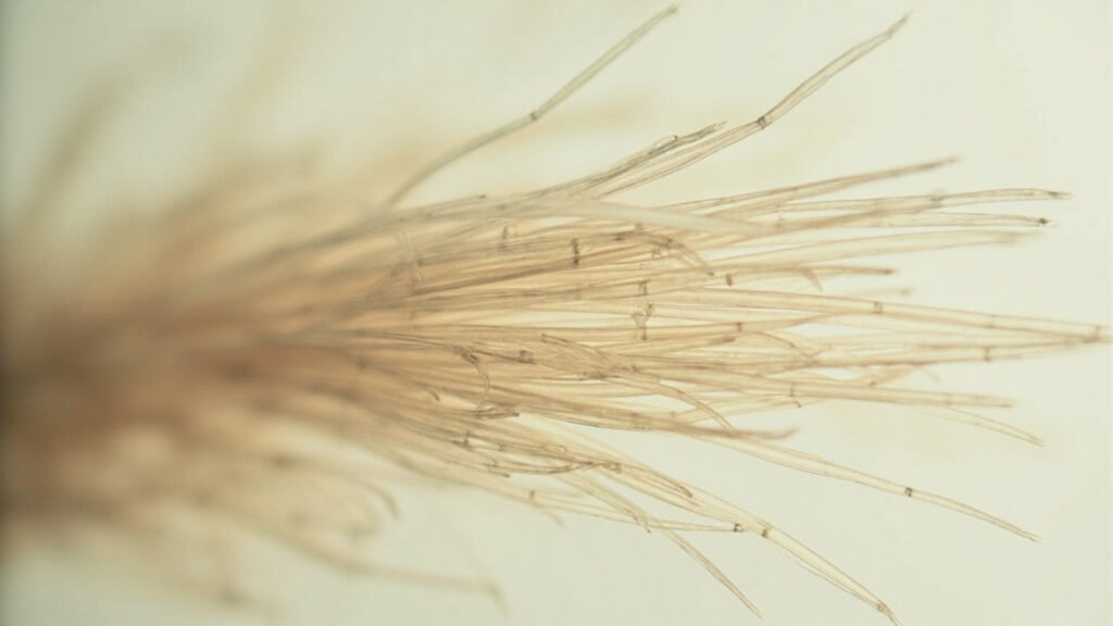 Fibres de lin au microscope, cylindres avec nœuds