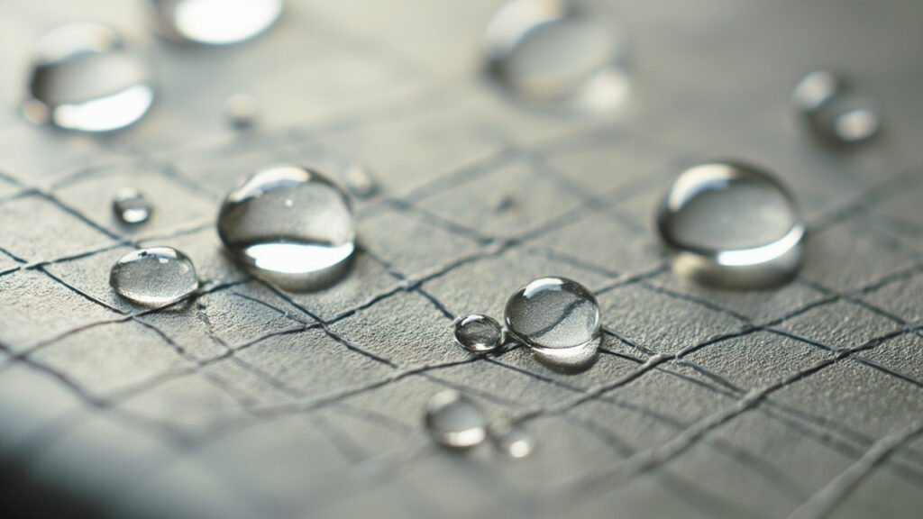 Gouttes d'eau perlant sur cuir saffiano, vue macro