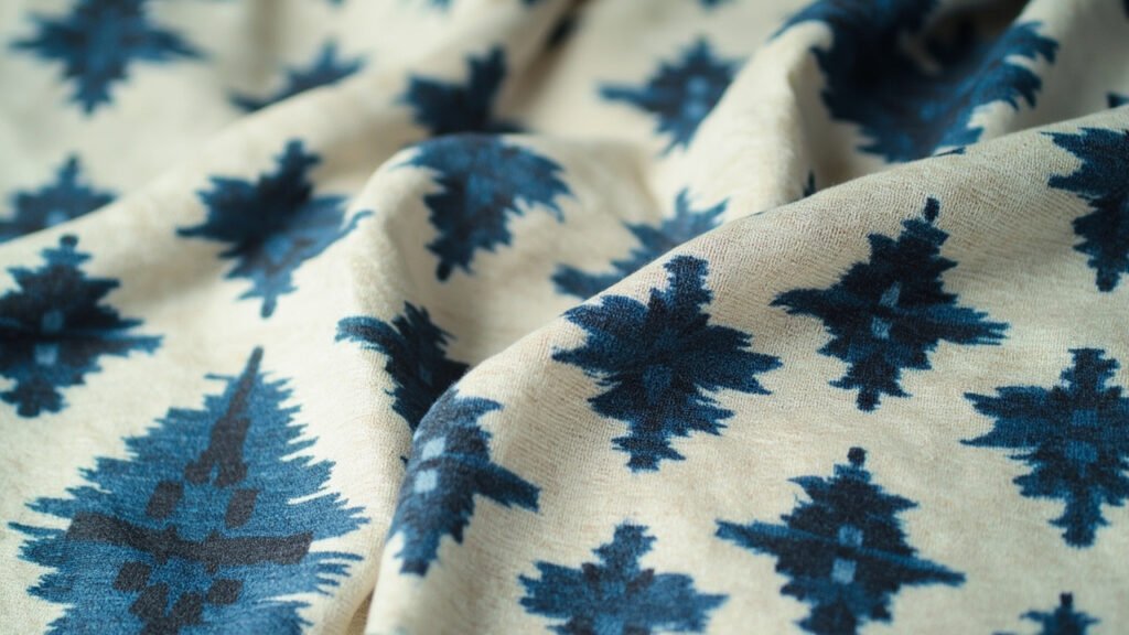 Gros plan d'ikat de soie tissé, motifs diamants indigo sur ivoire.