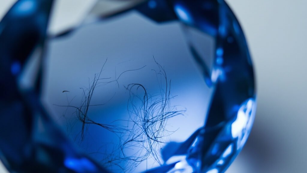 Gros plan sur les inclusions soyeuses internes d'un saphir du Cachemire