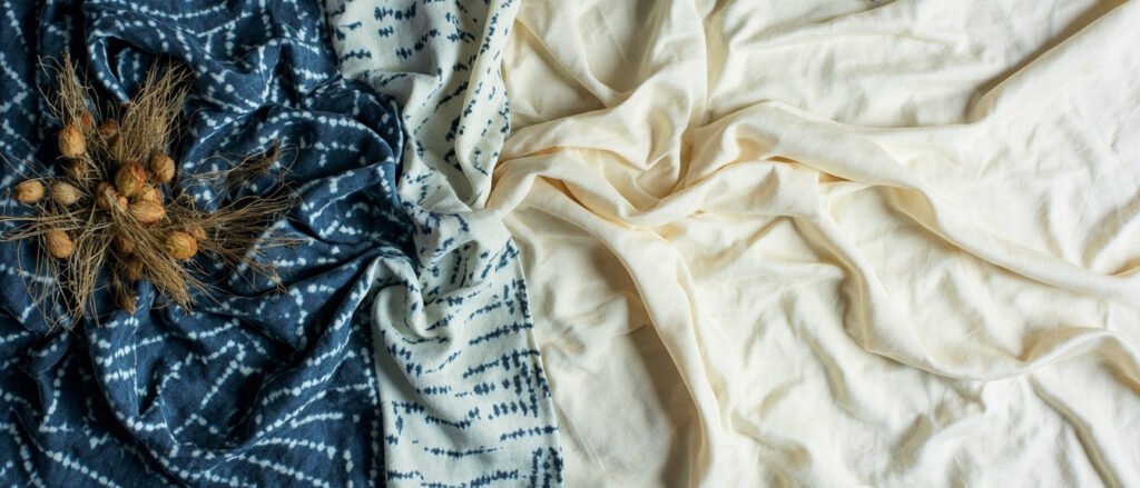 Ikat de soie indigo et ivoire drapé avec fils teints et cocons